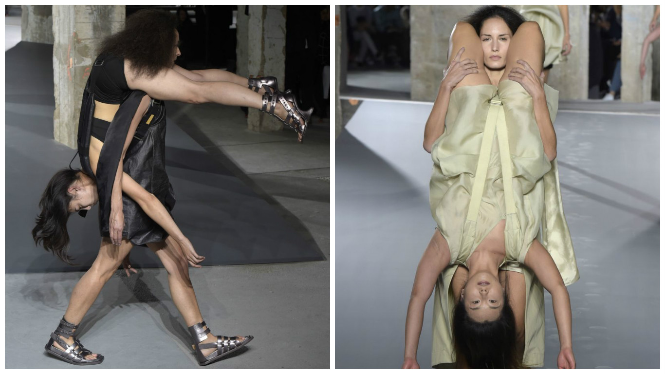 Rick Owens' Models Walk The Runway Strapped to Each Other.